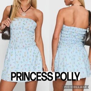 Princess‎ Polly Wishing Wells Blue Floral Smocked Strapless Mini Dress Size 6